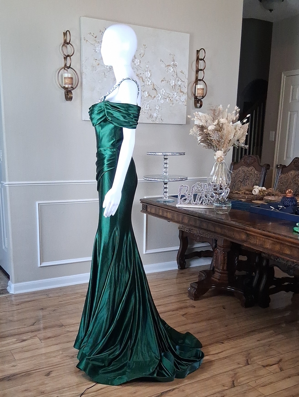 Women's Formal Glam Green Cowl Neck Sweep Train Gown Crystals Straps Small - Picture 12 of 16